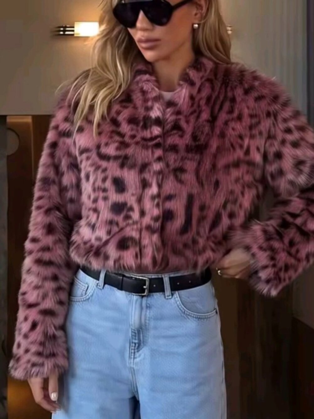 Womens Leopard Shaggy Faux Fur Cropped Jacket Stand Collar Snap Button Long Slee